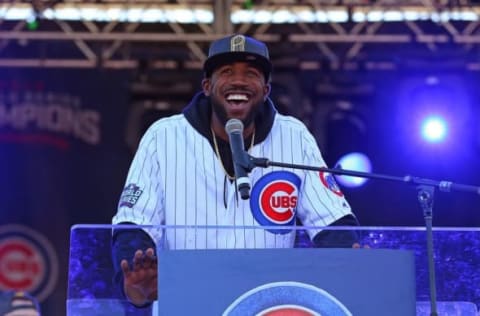 Nov 4, 2016; Chicago, IL, USA; Chicago Cubs center fielder Dexter Fowler (24) talks during the World Series victory rally in Grant Park. Mandatory Credit: Dennis Wierzbicki-USA TODAY Sports