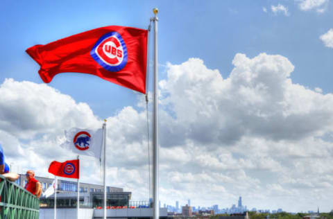 General view of Chicago Cubs flags blowing in the wind (Photo by Joe Robbins/Getty Images)