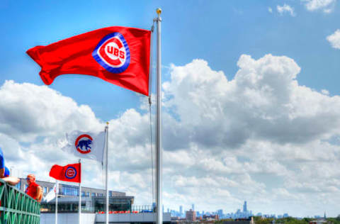 General view of Chicago Cubs flags blowing in the wind (Photo by Joe Robbins/Getty Images)