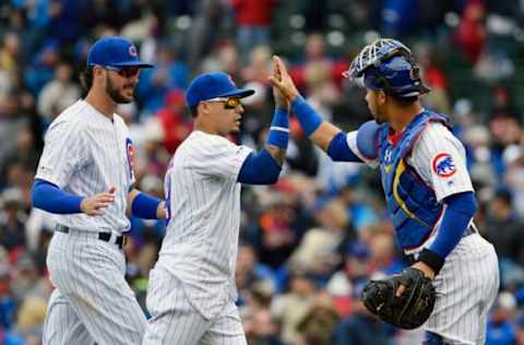 Kris Bryant, Javier Baez, and Willson Contreras. (Photo by Quinn Harris/Getty Images)