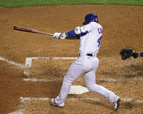 Cubs Willson Contreras drives in a run during Friday’s game.(Photo by Jonathan Daniel/Getty Images)