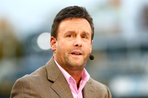 Karl Ravech of ESPN speaks prior to Game 1 of the 2015 World Series.(Photo by Maxx Wolfson/Getty Images)