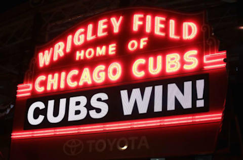 CHICAGO, IL – OCTOBER 30: The marquee above Wrigley Field shines after the Chicago Cubs beat the Cleveland Indians 3-2 during Game Five of the 2016 World Series on October 30, 2016 in Chicago, Illinois. (Photo by Scott Olson/Getty Images)