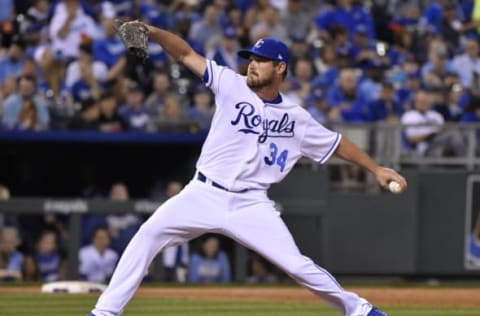 KANSAS CITY, MO – APRIL 12: Travis Wood #34 of the Kansas City Royals pitches in the fifth inning against the Oakland Athletics at Kauffman Stadium on April 12, 2017 in Kansas City, Missouri. (Photo by Ed Zurga/Getty Images)