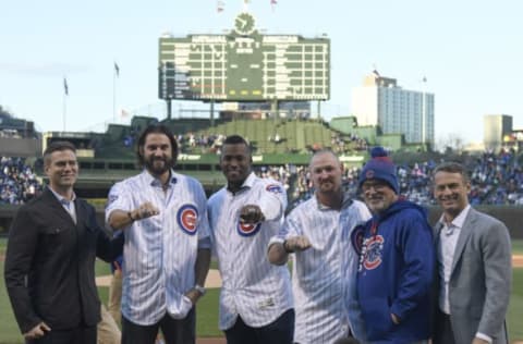 CHICAGO, IL – APRIL 17: (L-R) Chicago Cubs President Theo Epstein, former Cubs players Jason Hammel, Jorge Soler, Travis Wood, Joe Maddon