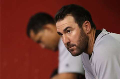 PHOENIX, AZ – MAY 09: Starting pitcher Justin Verlander #35 (R) of the Detroit Tigers watches from the dugout alongside Miguel Cabrera #24 during the MLB game against the Arizona Diamondbacks at Chase Field on May 9, 2017 in Phoenix, Arizona. (Photo by Christian Petersen/Getty Images)