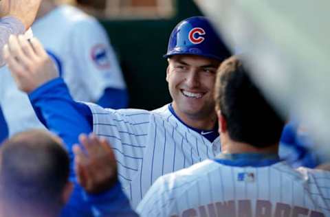 CHICAGO, IL – JUNE 05: Albert Almora Jr. #5 of the Chicago Cubs is congratulated in the dugout after hitting a home run against the Miami Marlins during the fourth inning at Wrigley Field on June 5, 2017 in Chicago, Illinois. (Photo by Jon Durr/Getty Images)