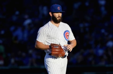 CHICAGO, IL – JUNE 06: Starting pitcher Jake Arrieta #49 of the Chicago Cubs walks off the field after the 1st inning against the Miami Marlins at Wrigley Field on June 6, 2017 in Chicago, Illinois. (Photo by Jonathan Daniel/Getty Images)