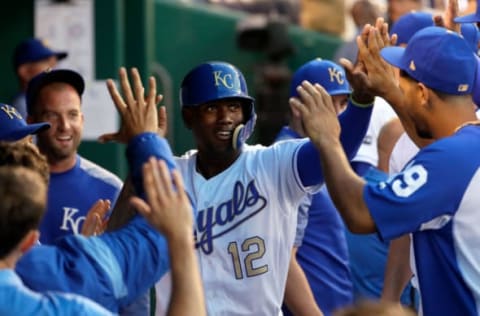 KANSAS CITY, MO – JUNE 30: Jorge Soler #12is congratulated by teammates in the dugout after scoring during the 4th inning of the game against the Minnesota Twins at Kauffman Stadium on June 30, 2017 in Kansas City, Missouri. (Photo by Jamie Squire/Getty Images)