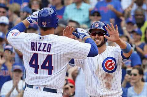 CHICAGO, IL – JULY 07: Kris Bryant #17 of the Chicago Cubs greets teammate Anthony Rizzo #44 after Rizzo hit a two run home run in the 4th inning against the Pittsburgh Pirates at Wrigley Field on July 7, 2017 in Chicago, Illinois. (Photo by Jonathan Daniel/Getty Images)