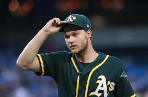 TORONTO, ON – JULY 25: Sonny Gray #54 of the Oakland Athletics walks to his dugout after retiring the side in the third inning during MLB game action against the Toronto Blue Jays at Rogers Centre on July 25, 2017 in Toronto, Canada. (Photo by Tom Szczerbowski/Getty Images)