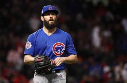 CLEVELAND, OH – OCTOBER 26: Jake Arrieta #49 of the Chicago Cubs walks off the field after the fifth inning against the Cleveland Indians in Game Two of the 2016 World Series at Progressive Field on October 26, 2016 in Cleveland, Ohio. (Photo by Ezra Shaw/Getty Images)