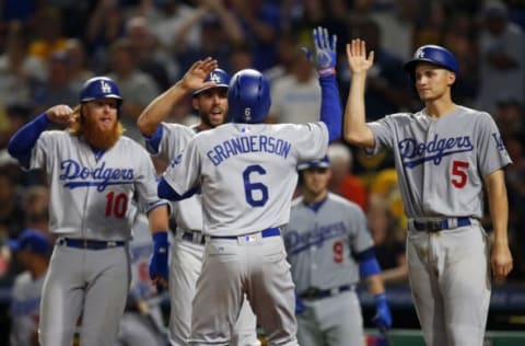 PITTSBURGH, PA – AUGUST 21: Curtis Granderson #6 of the Los Angeles Dodgers celebrates with Justin Turner #10, Chris Taylor #3 and Corey Seager #5 of the Los Angeles Dodgers after hitting a grand slam in the seventh inning against the Pittsburgh Pirates at PNC Park on August 21, 2017 in Pittsburgh, Pennsylvania. (Photo by Justin K. Aller/Getty Images)