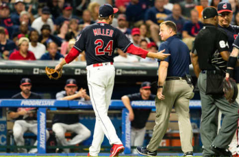 CLEVELAND, OH – AUGUST 21: Andrew Miller #24 of the Cleveland Indians reacts as he leaves the game during the seventh inning against the Boston Red Sox at Progressive Field on August 21, 2017 in Cleveland, Ohio. (Photo by Jason Miller/Getty Images)