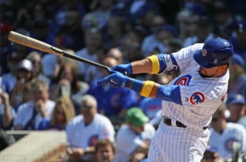 CHICAGO, IL – SEPTEMBER 01: Kyle Schwarber #12 of the Chicago Cubs hits a run scoring single in the 3rd inning against the Atlanta Braves at Wrigley Field on September 1, 2017 in Chicago, Illinois. (Photo by Jonathan Daniel/Getty Images)