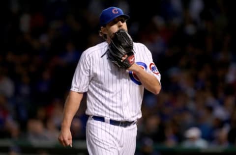 CHICAGO, IL – SEPTEMBER 08: John Lackey #41 of the Chicago Cubs walks off the field in the first inning against the Milwaukee Brewers at Wrigley Field on September 8, 2017 in Chicago, Illinois. (Photo by Dylan Buell/Getty Images)