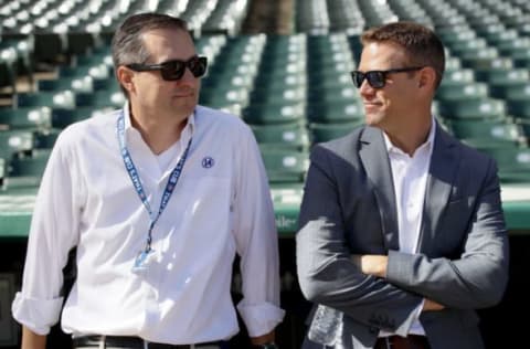 CHICAGO, IL – OCTOBER 09: Chicago Cubs owner Tom Ricketts (L) and general manager Theo Esptein look on before game three of the National League Division Series against the Washington Nationals at Wrigley Field on October 9, 2017 in Chicago, Illinois. (Photo by Jonathan Daniel/Getty Images)