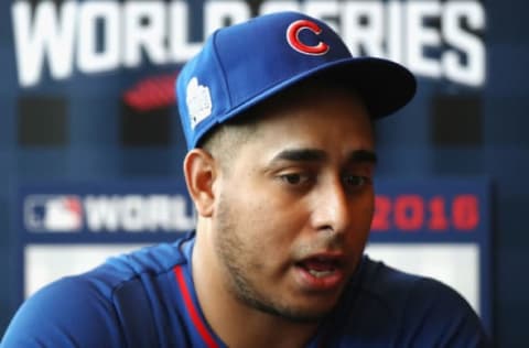 CLEVELAND, OH – OCTOBER 24: Hector Rondon #56 of the Chicago Cubs is interviewed during Media Day for the 2016 World Series at Progressive Field on October 24, 2016 in Cleveland, Ohio. (Photo by Tim Bradbury/Getty Images)