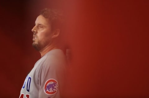 PHOENIX, AZ – AUGUST 11: Starting pitcher John Lackey #41 of the Chicago Cubs sits in the dugout during the first inning of the MLB game against the Arizona Diamondbacks at Chase Field on August 11, 2017 in Phoenix, Arizona. (Photo by Christian Petersen/Getty Images)