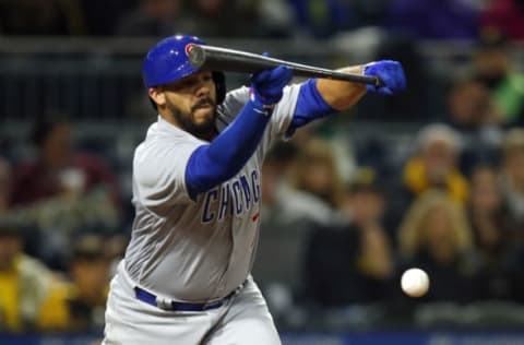 PITTSBURGH, PA – SEPTEMBER 07: Rene Rivera #7 of the Chicago Cubs lays down a sacrifice bunt scoring a run in the second inning against the Pittsburgh Pirates at PNC Park on September 7, 2017 in Pittsburgh, Pennsylvania. (Photo by Justin K. Aller/Getty Images)