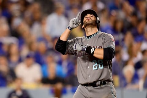 LOS ANGELES, CA – OCTOBER 06: J.D. Martinez #28 of the Arizona Diamondbacks celebrates after hitting a solo home run in the sixth inning against the Los Angeles Dodgers in game one of the National League Division Series at Dodger Stadium on October 6, 2017 in Los Angeles, California. (Photo by Harry How/Getty Images)