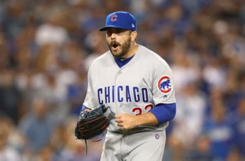 LOS ANGELES, CA – OCTOBER 15: Brian Duensing #32 of the Chicago Cubs reacts after a double play in the eighth inning during Game Two of the National League Championship Series against the Los Angeles Dodgers at Dodger Stadium on October 15, 2017 in Los Angeles, California. (Photo by Ezra Shaw/Getty Images)