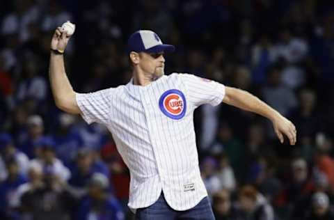 CHICAGO, IL – OCTOBER 17: Former Chicago Cubs player Kerry Wood throws out the ceremonial first pitch before game three of the National League Championship Series between the Chicago Cubs and the Los Angeles Dodgers at Wrigley Field on October 17, 2017 in Chicago, Illinois. (Photo by Jonathan Daniel/Getty Images)