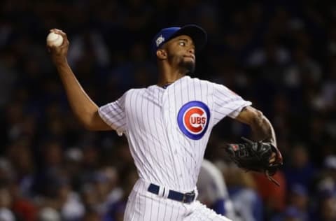 CHICAGO, IL – OCTOBER 17: Carl Edwards Jr. #6 of the Chicago Cubs pitches in the sixth inning against the Los Angeles Dodgers during game three of the National League Championship Series at Wrigley Field on October 17, 2017 in Chicago, Illinois. (Photo by Jonathan Daniel/Getty Images)