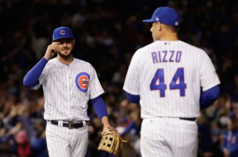 CHICAGO, IL – OCTOBER 18: Kris Bryant #17 and Anthony Rizzo #44 of the Chicago Cubs celebrate after beating the Los Angeles Dodgers 3-2 in game four of the National League Championship Series at Wrigley Field on October 18, 2017 in Chicago, Illinois. (Photo by Jamie Squire/Getty Images)