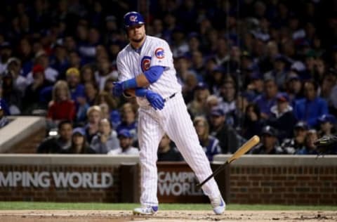 CHICAGO, IL – OCTOBER 19: Kyle Schwarber #12 of the Chicago Cubs reacts after drawing a walk in the first inning against the Los Angeles Dodgers during game five of the National League Championship Series at Wrigley Field on October 19, 2017 in Chicago, Illinois. (Photo by Jonathan Daniel/Getty Images)