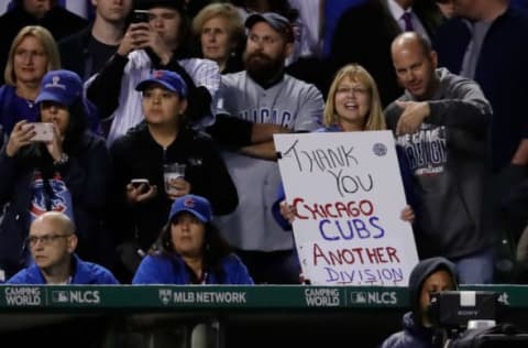 CHICAGO, IL – OCTOBER 19: A fan holds a sign during game five of the National League Championship Series between the Los Angeles Dodgers and the Chicago Cubs at Wrigley Field on October 19, 2017 in Chicago, Illinois. (Photo by Jamie Squire/Getty Images)