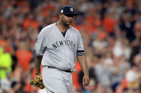 HOUSTON, TX – OCTOBER 21: CC Sabathia #52 of the New York Yankees reacts against the Houston Astros in Game Seven of the American League Championship Series at Minute Maid Park on October 21, 2017 in Houston, Texas. (Photo by Ronald Martinez/Getty Images)