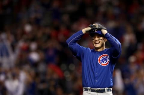 CLEVELAND, OH – NOVEMBER 01: Anthony Rizzo #44 of the Chicago Cubs reacts after defeating the Cleveland Indians 9-3 to win Game Six of the 2016 World Series at Progressive Field on November 1, 2016 in Cleveland, Ohio. (Photo by Elsa/Getty Images)