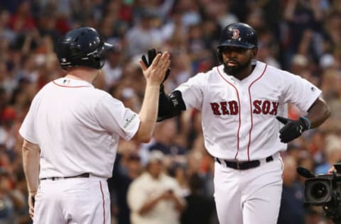 BOSTON, MA – OCTOBER 08: Jackie Bradley Jr. #19 of the Boston Red Sox celebrates after hitting a three-run home run in the seventh inning against the Houston Astros during game three of the American League Division Series at Fenway Park on October 8, 2017 in Boston, Massachusetts. (Photo by Maddie Meyer/Getty Images)