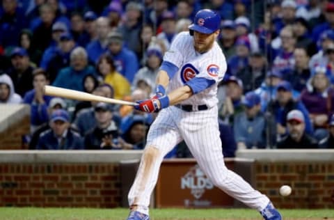 CHICAGO, IL – OCTOBER 11: Ben Zobrist #18 of the Chicago Cubs strikes out in the fourth inning during game four of the National League Division Series against the Washington Nationals at Wrigley Field on October 11, 2017 in Chicago, Illinois. (Photo by Jonathan Daniel/Getty Images)