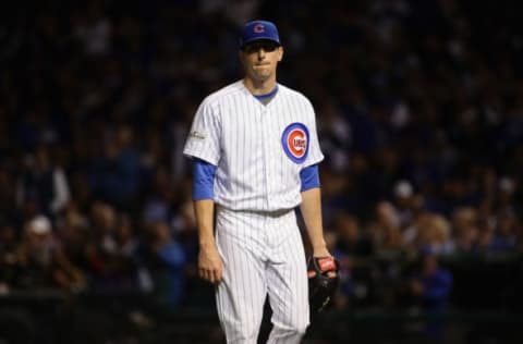 CHICAGO, IL – OCTOBER 17: Kyle Hendricks #28 of the Chicago Cubs walks off the field after being relieved in the sixth inning against the Los Angeles Dodgers during game three of the National League Championship Series at Wrigley Field on October 17, 2017 in Chicago, Illinois. (Photo by Jonathan Daniel/Getty Images)