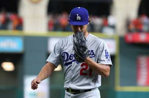 HOUSTON, TX – OCTOBER 27: Yu Darvish #21 of the Los Angeles Dodgers walks off the field as he exits the game during the second inning against the Houston Astros in game three of the 2017 World Series at Minute Maid Park on October 27, 2017 in Houston, Texas. (Photo by Tom Pennington/Getty Images)