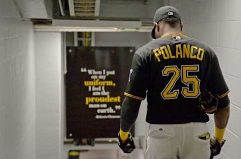 PITTSBURGH, PA – SEPTEMBER 19: Gregory Polanco #25 of the Pittsburgh Pirates heads to the field before the start of the game against the Milwaukee Brewers at PNC Park on September 19, 2017 in Pittsburgh, Pennsylvania. (Photo by Justin Berl/Getty Images)