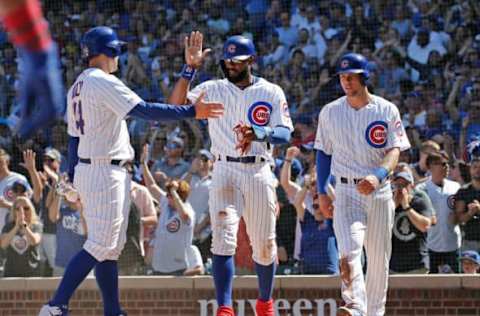 Anthony Rizzo, Jason Heyward, Nico Hoerner, Chicago Cubs (Photo by Nuccio DiNuzzo/Getty Images)