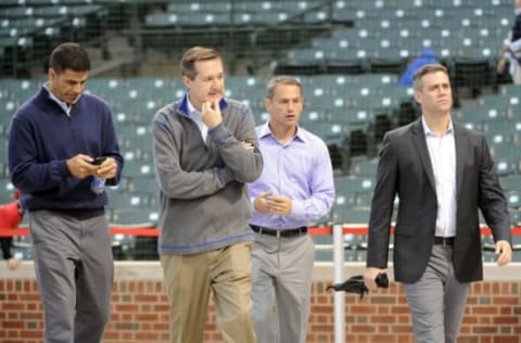 Jed Hoyer / Tom Ricketts / Theo Epstein / Chicago Cubs (Photo by David Banks/Getty Images)