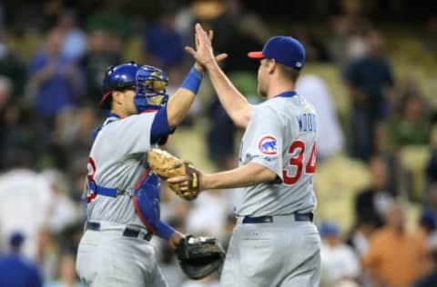 LOS ANGELES, CA – JUNE 08: Catcher Geovany Soto #18 of the Chicago Cubs celebrates with pitcher Kerry Wood #34 after their 3-1 win against the Los Angeles Dodgers at Dodgers Stadium on June 8, 2008, in Los Angeles, California. (Photo by Harry How/Getty Images)