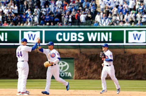 Apr 13, 2017; Chicago, IL, USA; Chicago Cubs first baseman Anthony Rizzo (44) and center fielder Albert Almora Jr. (5) celebrate after defeating the Los Angeles Dodgers at Wrigley Field. Mandatory Credit: Caylor Arnold-USA TODAY Sports