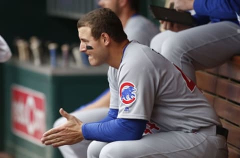 Apr 23, 2017; Cincinnati, OH, USA; Chicago Cubs first baseman Anthony Rizzo prepares in the dugout at the beginning of a game against the Cincinnati Reds at Great American Ball Park. The Reds won 7-5. Mandatory Credit: David Kohl-USA TODAY Sports