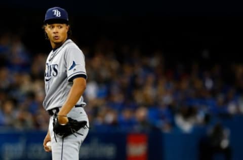 Apr 30, 2017; Toronto, Ontario, CAN; Tampa Bay Rays starting pitcher Chris Archer (22) during MLB game action against the Toronto Blue Jays at Rogers Centre. Mandatory Credit: Kevin Sousa-USA TODAY Sports