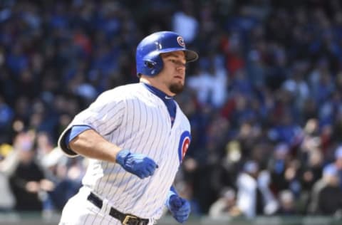 May 5, 2017; Chicago, IL, USA; Chicago Cubs left fielder Kyle Schwarber (12) runs the bases after hitting a home run against the New York Yankees during the sixth inning at Wrigley Field. Mandatory Credit: David Banks-USA TODAY Sports