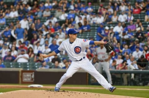 May 17, 2017; Chicago, IL, USA; Chicago Cubs starting pitcher Kyle Hendricks (28) delivers in the first inning against the Cincinnati Reds at Wrigley Field. Mandatory Credit: Matt Marton-USA TODAY Sports