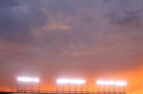 Jun 24, 2015; Chicago, IL, USA; A general view of the sunset behind Wrigley Field during the game between the Los Angeles Dodgers and the Chicago Cubs. Mandatory Credit: Jerry Lai-USA TODAY Sports