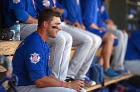 Mar 16, 2016; Surprise, AZ, USA; Chicago Cubs left fielder John Andreoli (72) looks on from the dugout during the fifth inning against the Chicago Cubs at Surprise Stadium. Mandatory Credit: Jake Roth-USA TODAY Sports