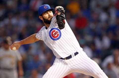 Aug 29, 2016; Chicago, IL, USA; Chicago Cubs starting pitcher Jake Arrieta (49) delivers a pitch during the first inning against the Pittsburgh Pirates at Wrigley Field. Mandatory Credit: Caylor Arnold-USA TODAY Sports