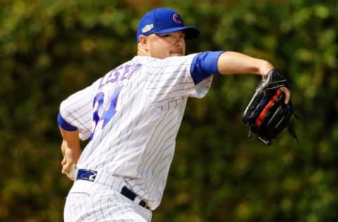 Oct 7, 2016; Chicago, IL, USA; Chicago Cubs starting pitcher Jon Lester (34) warms up in the bullpen before game one of the 2016 NLDS playoff baseball series against the San Francisco Giants at Wrigley Field. Mandatory Credit: Jerry Lai-USA TODAY Sports